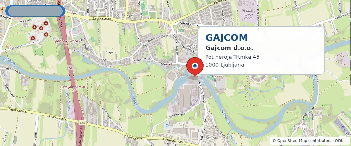 Access map for Gajcom d.o.o. at Pot heroja Trtnika 45, Ljubljana